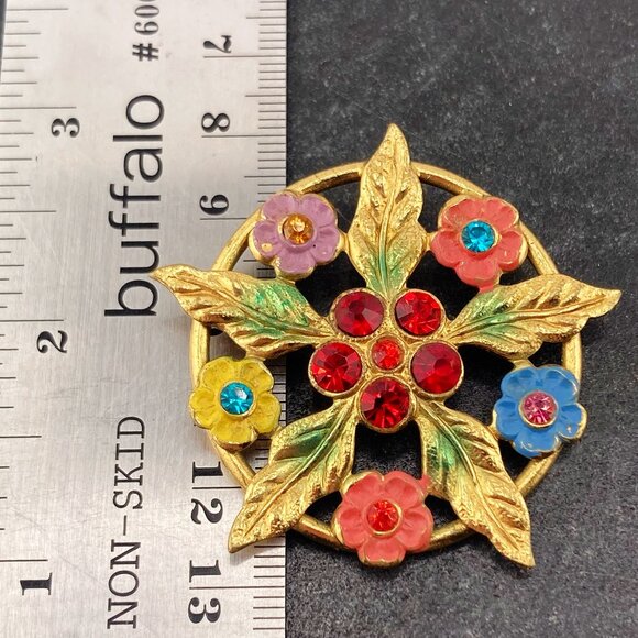 VINTAGE Gold tone metal, enamel, and rhinestone flower brooch ~ 1930s 1940s pin - Picture 9 of 10